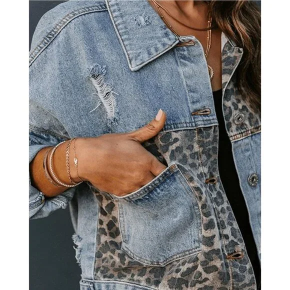 Women's Loose Button Down Cropped Denim Jacket Long Sleeves Cheetah Blue